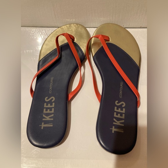 Tkees Sandals Womens Size 8 Leather Contours Colorblock Navy, Gold, Orange - Picture 2 of 8